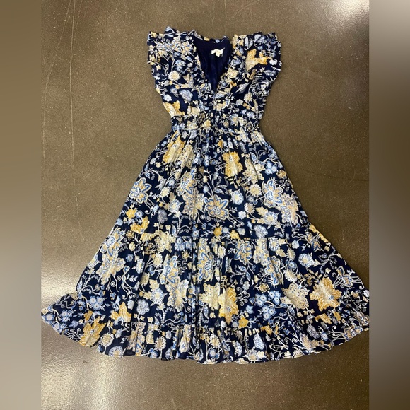 Elan 100% Cotton Emma Tiered Floral Navy Midi Dress SMALL Cottagecore Feminine - Picture 6 of 10